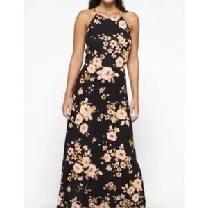 French Grey Floral Halter Maxi Dress Black Boho Tie Neck Elastic Waist Large